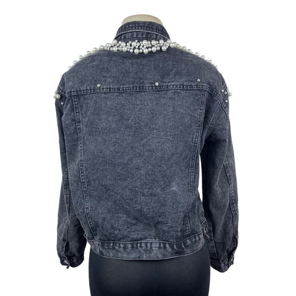 Womens Black Denim Pearl Embellished Jacket With Button Front & Chest Pockets - Picture 3 of 7